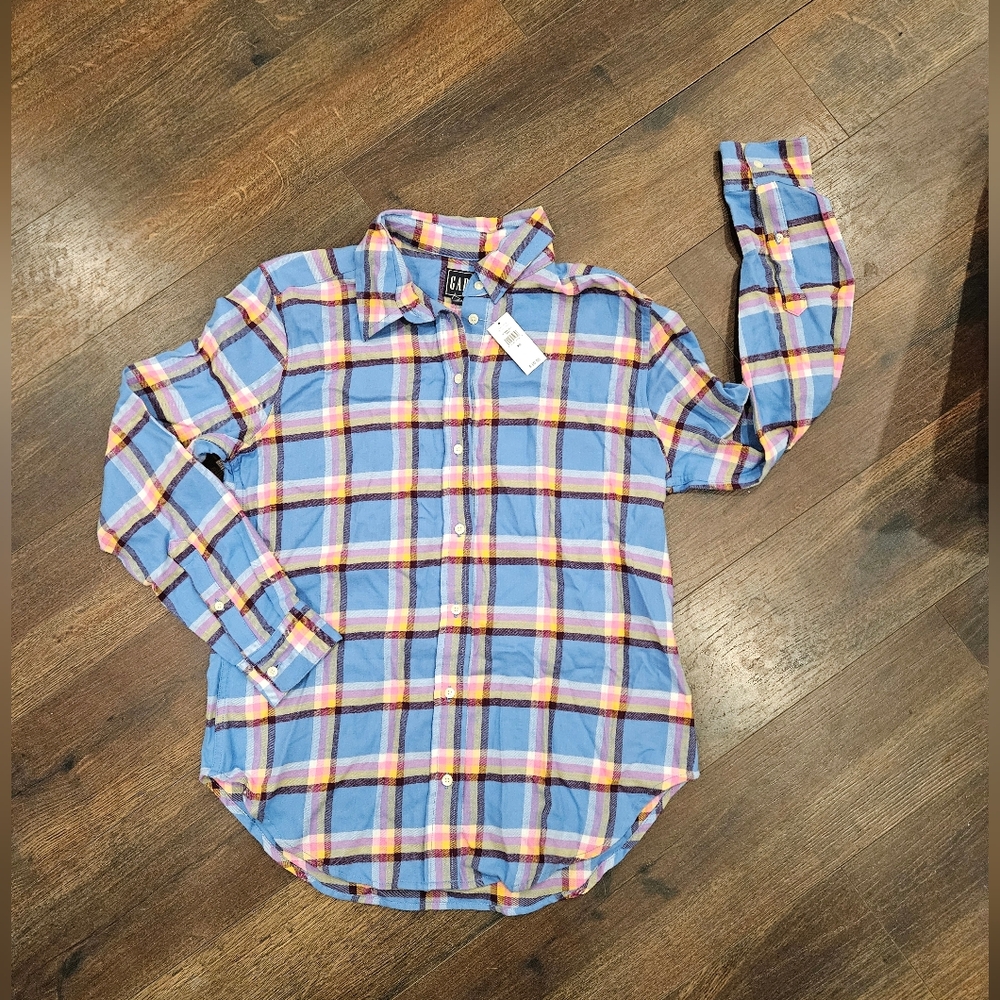 NWT GAP plaid Soft Blue Yello Pink Button Down Top Xs
